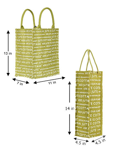 Combo of 13 X 11 JUTE COTTAGE PRINTED ZIPPER (B-038-OLIVE GREEN) and BOTTLE BAG JUTE COTTAGE PRINTED (B-062-OLIVE GREEN)