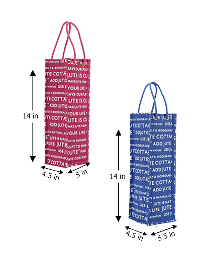 Combo of BOTTLE BAG JUTE COTTAGE PRINTED (B-062-BRIGHT BLUE) and BOTTLE BAG JUTE COTTAGE PRINTED (B-062-MAGENTA)