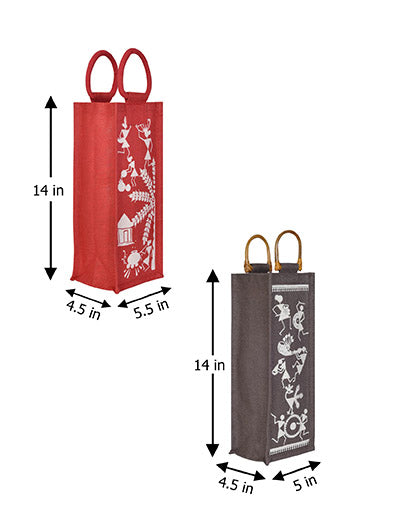 Combo of BOTTLE BAG WARLI PRINT 2 (B-162-RED) and BOTTLE BAG WARLI PRINT 2 (B-163-BROWN)