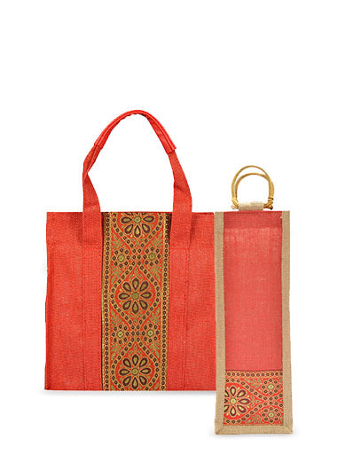 Combo of VERTICAL LACE SMALL ZIPPER (B-029-RED) and BOTTLE BAG WITH LACE / PRINT (B-010-RED)