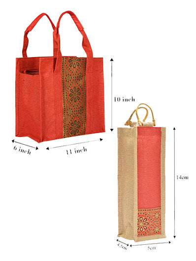 Combo of VERTICAL LACE SMALL ZIPPER (B-029-RED) and BOTTLE BAG WITH LACE / PRINT (B-010-RED)