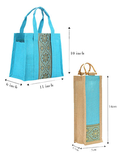 Combo of VERTICAL LACE SMALL ZIPPER (B-029-TURQUOISE BLUE) and BOTTLE BAG WITH LACE / PRINT (B-010-TURQUOISE BLUE)