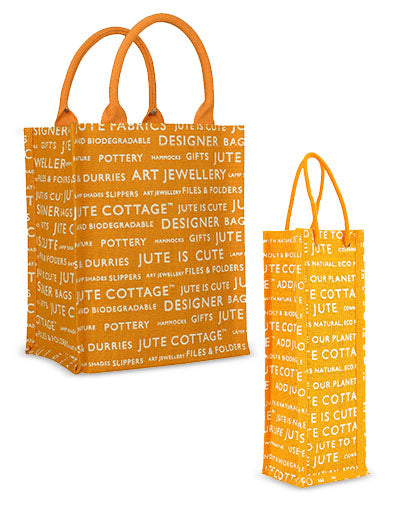 Combo of 13 X 11 JUTE COTTAGE PRINTED ZIPPER (B-038-YELLOW) and BOTTLE BAG JUTE COTTAGE PRINTED (B-062-YELLOW)
