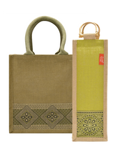 Load image into Gallery viewer, Combo of 11X10 LACE ZIPPER LUNCH (B-254-OLIVE GREEN) and BOTTLE BAG WITH LACE / PRINT (B-010-OLIVE GREEN)
