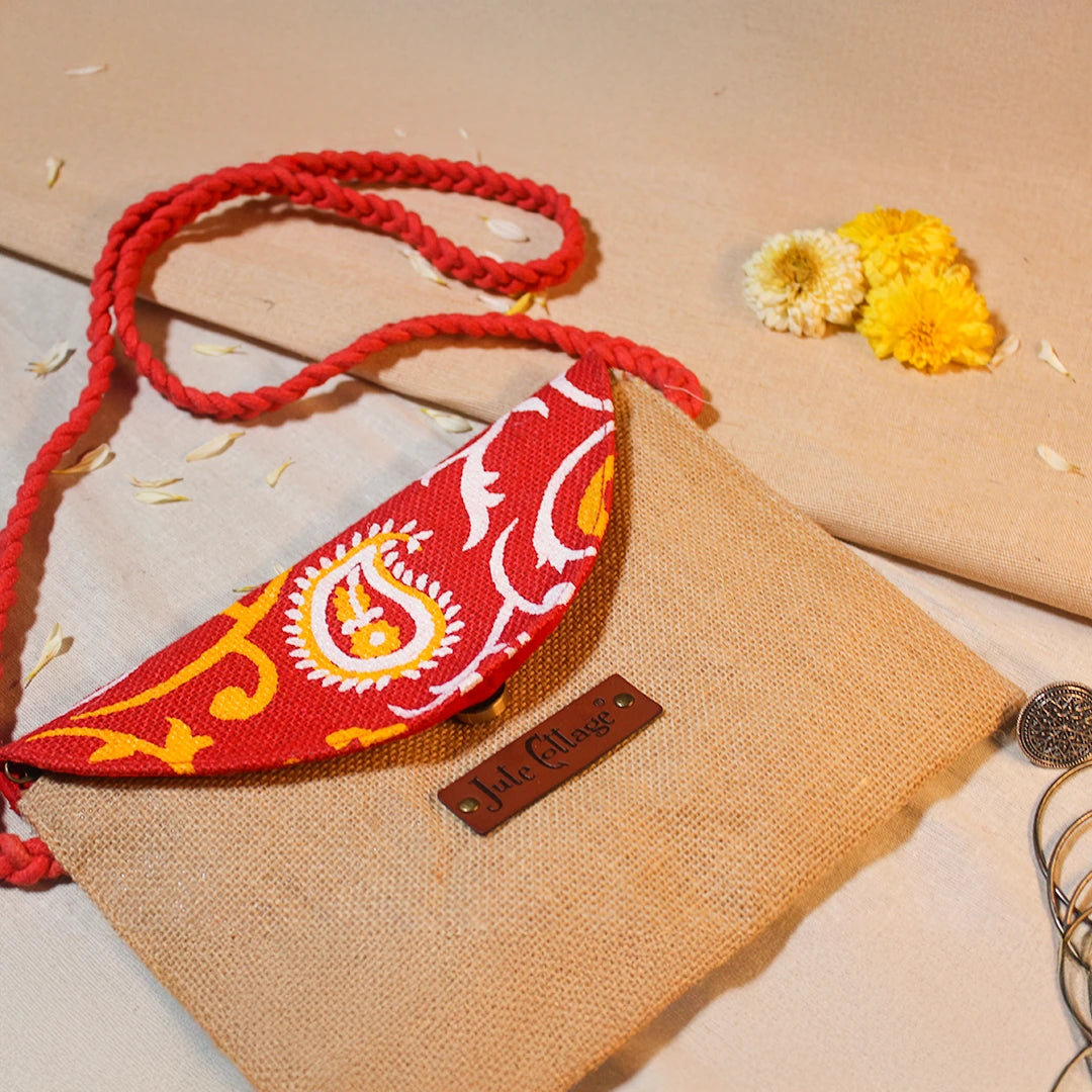 Paisley flap jute sling bag