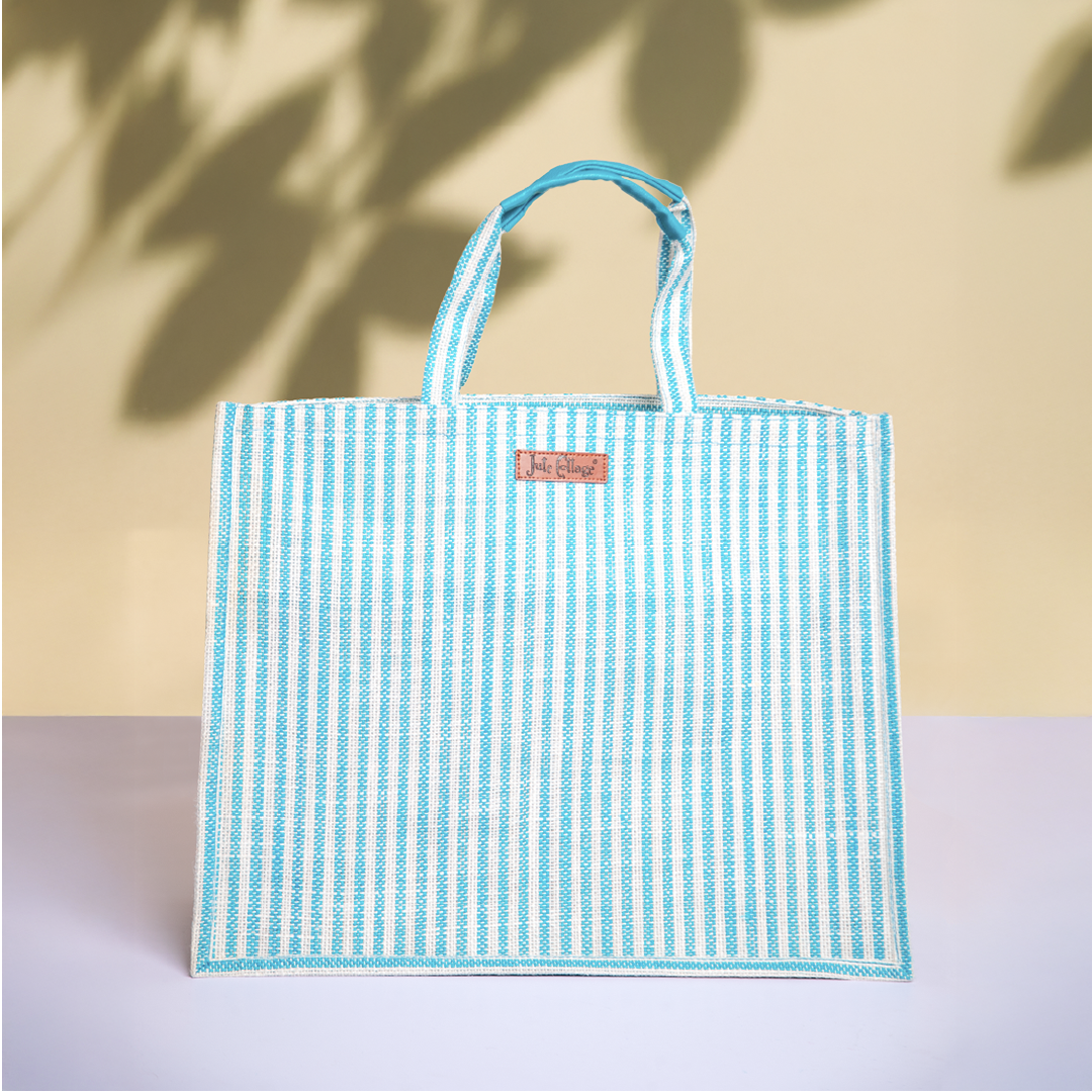 Blue Striped Jute Shopping Bag with Zipper