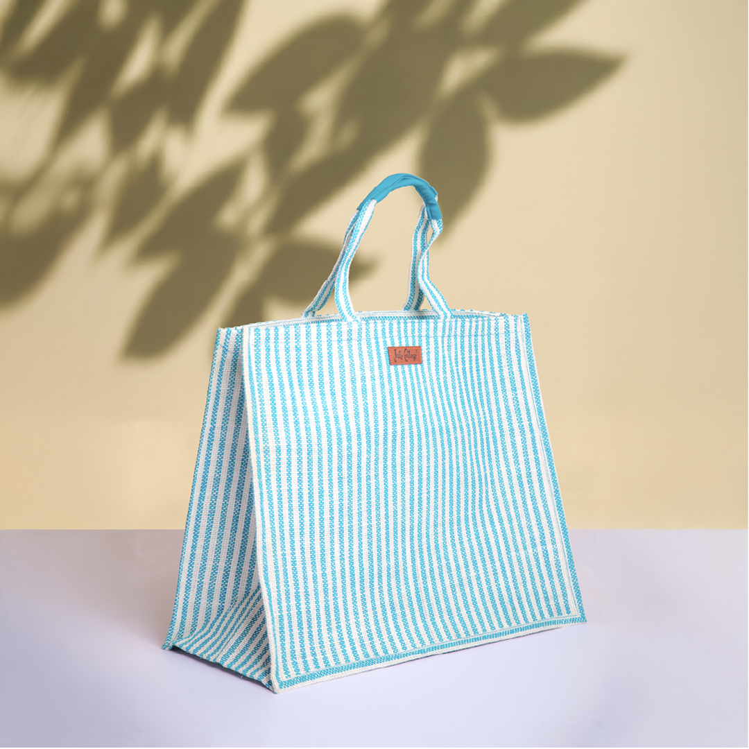 Blue Striped Jute Shopping Bag with Zipper