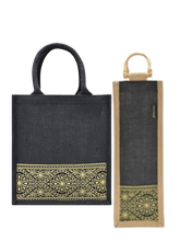 Load image into Gallery viewer, Combo of 11X10 LACE ZIPPER LUNCH (B-254-BLACK) and BOTTLE BAG WITH LACE / PRINT (B-010-BLACK)

