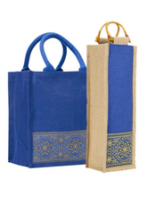 Load image into Gallery viewer, Combo of 11X10 LACE ZIPPER LUNCH (B-254-BRIGHT BLUE) and BOTTLE BAG WITH LACE / PRINT (B-010-BRIGHT BLUE)
