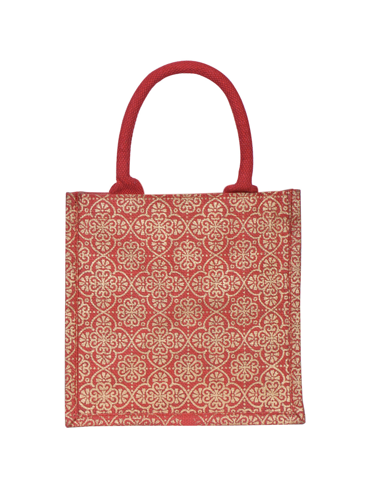 JUTE COTTAGE MUGHAL PRINT ZIPPER LUNCH BAG, SUSTAINABLE, ECO-FRIENDLY, 100% GENUINE JUTE, STYLISH (RED 10X10X7)