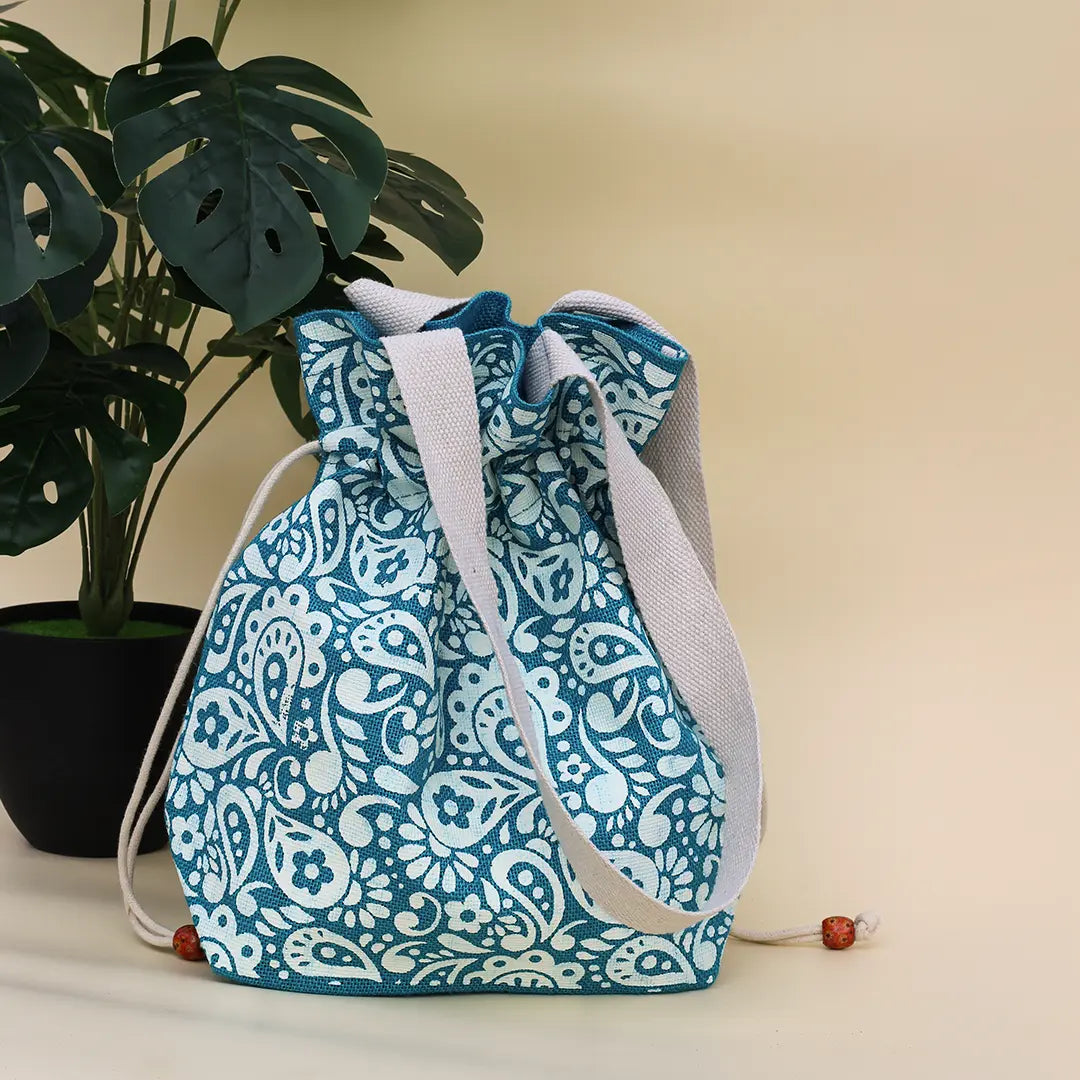 Paisley print Jute Potli style bag
