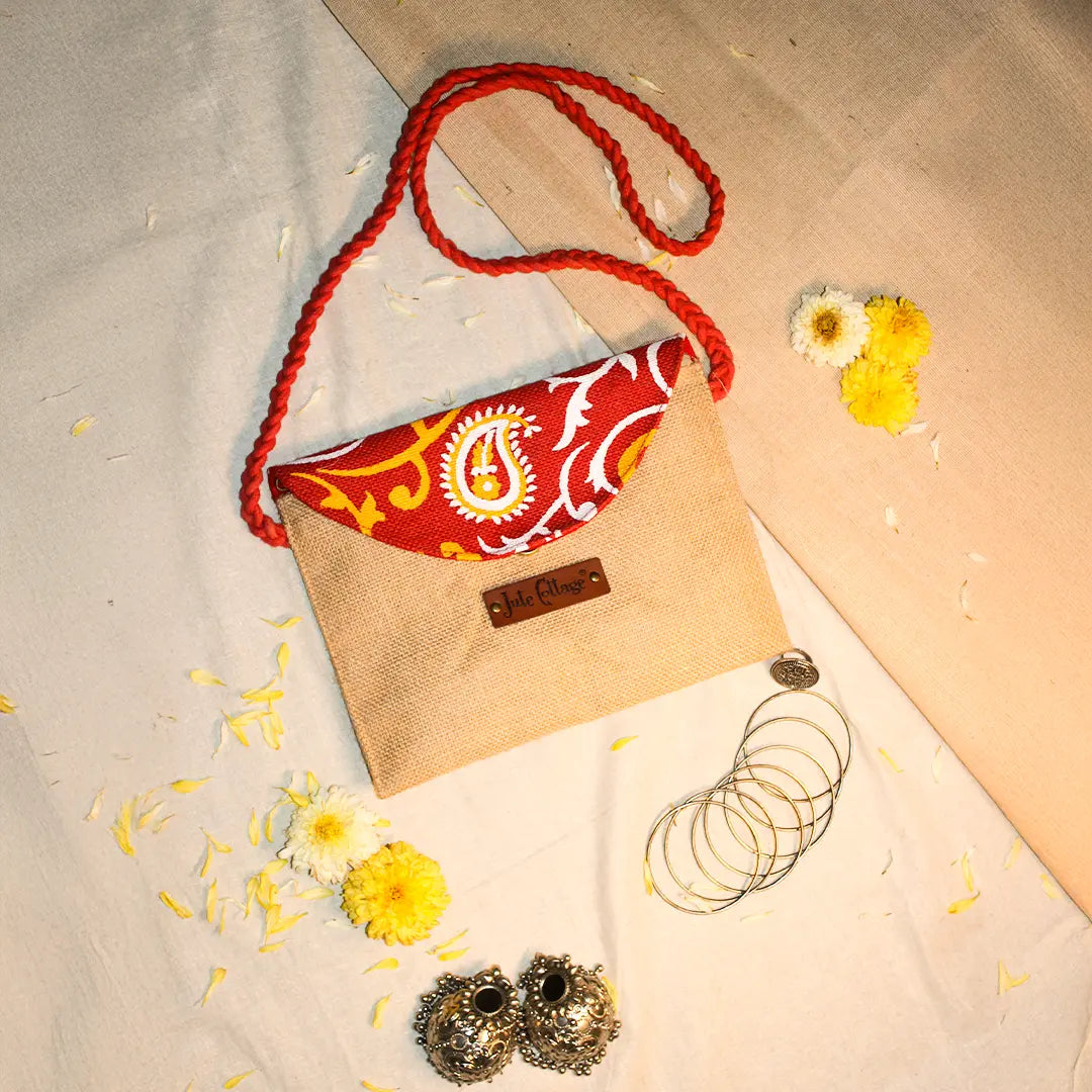 Paisley flap jute sling bag