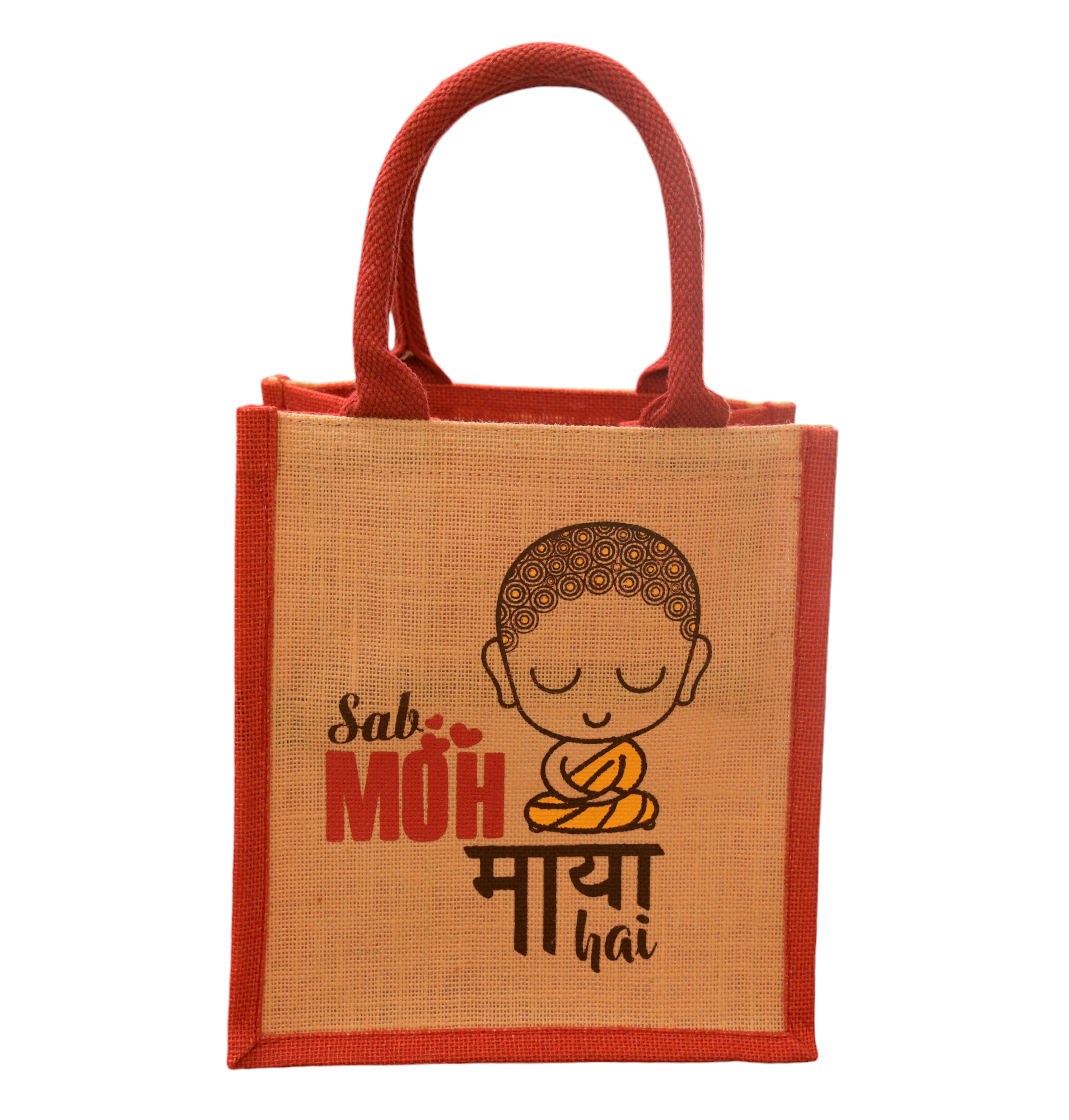 JUTE COTTAGE MOH MAYA PRINT LUNCH ZIPPER SUSTAINABLE, ECO-FRIENDLY, 100% GENUINE JUTE, STYLISH (CREAM/RED 11X10X7)