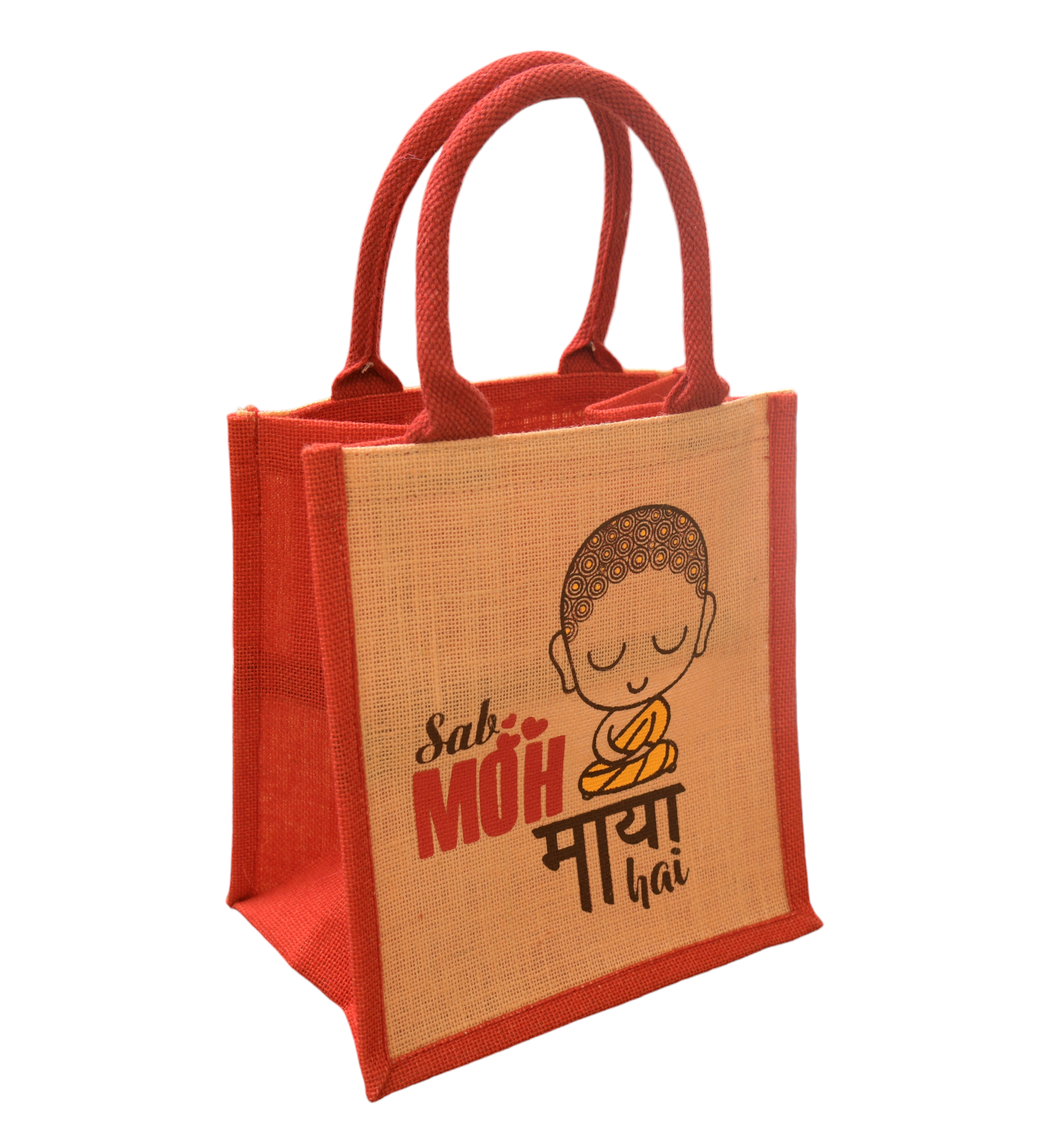 JUTE COTTAGE MOH MAYA PRINT LUNCH ZIPPER SUSTAINABLE, ECO-FRIENDLY, 100% GENUINE JUTE, STYLISH (CREAM/RED 11X10X7)