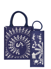 Load image into Gallery viewer, Combo of 11X10 WARLI ZIPPER LUNCH (B-253-NAVY BLUE) and BOTTLE BAG WARLI PRINT 2 (B-162-BLUE)
