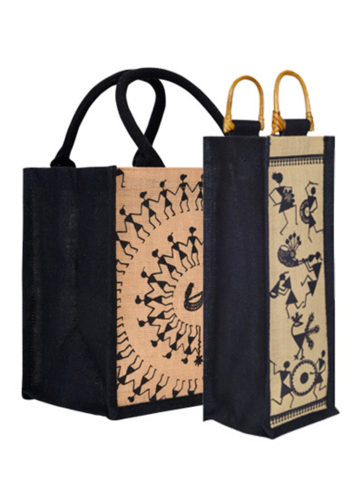Combo of 11X10 WARLI ZIPPER LUNCH (B-253-BLACK/NATURAL) and BOTTLE BAG WARLI PRINT 2 (B-163-NATURAL/BLACK)