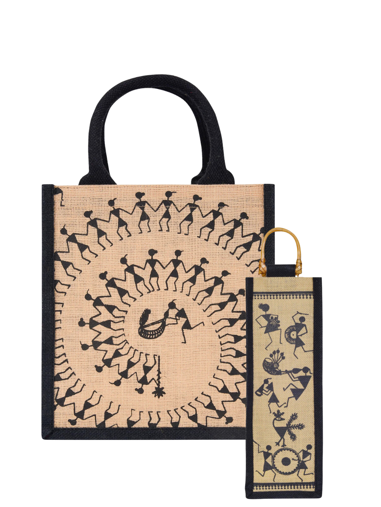 Combo of 11X10 WARLI ZIPPER LUNCH (B-253-BLACK/NATURAL) and BOTTLE BAG WARLI PRINT 2 (B-163-NATURAL/BLACK)