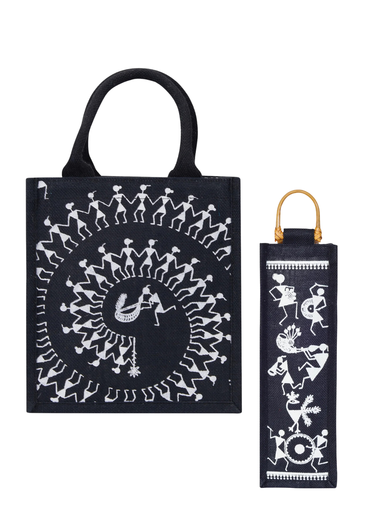 Combo of 11X10 WARLI ZIPPER LUNCH (B-253-BLACK) and BOTTLE BAG WARLI PRINT 2 (B-163-BLACK)
