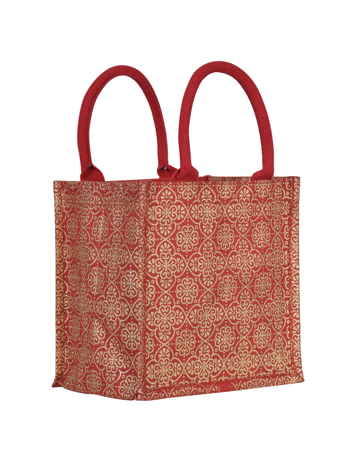 JUTE COTTAGE MUGHAL PRINT ZIPPER LUNCH BAG, SUSTAINABLE, ECO-FRIENDLY, 100% GENUINE JUTE, STYLISH (RED 10X10X7)
