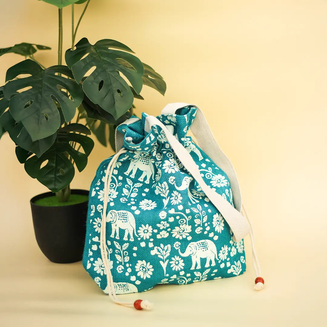 Elephant Print Jute Potli Style Bag