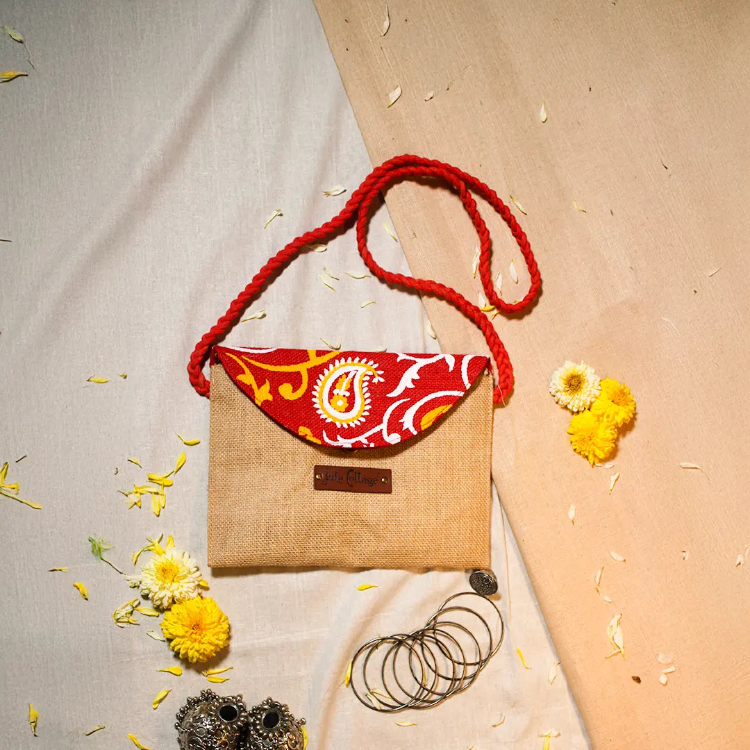 Paisley flap jute sling bag