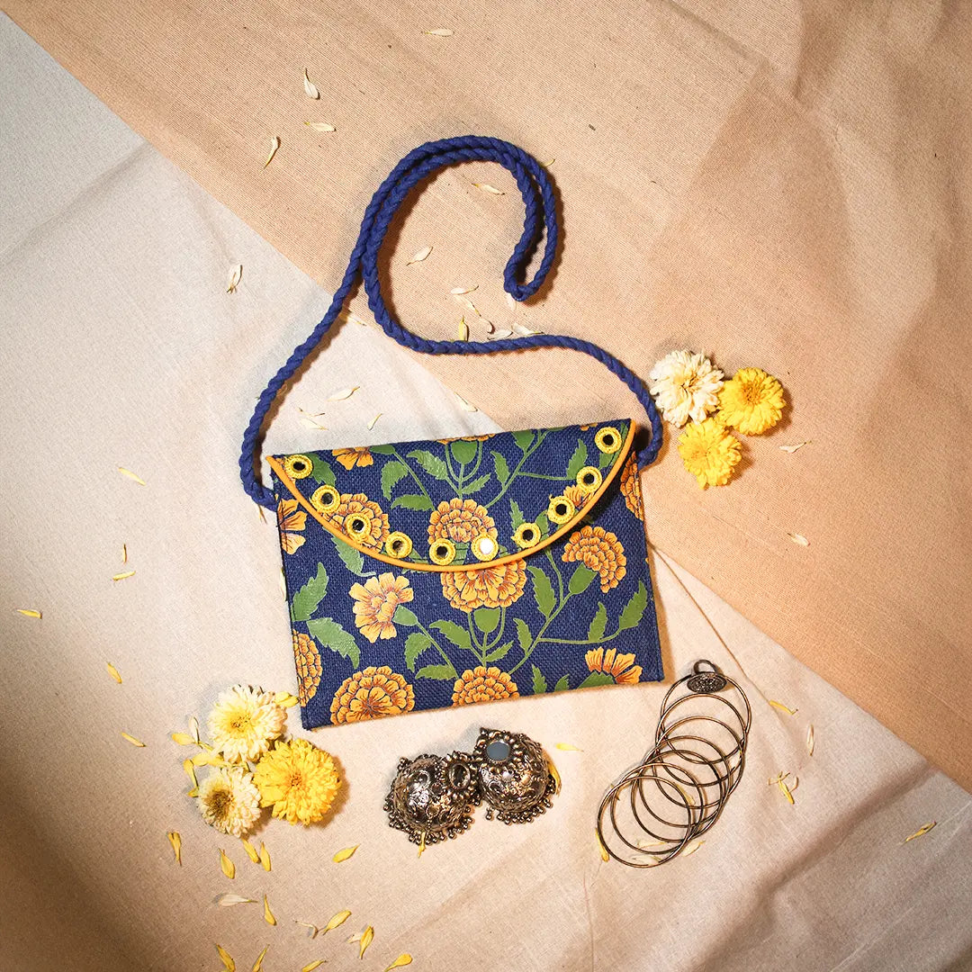 Marigold Jute sling bag-Blue