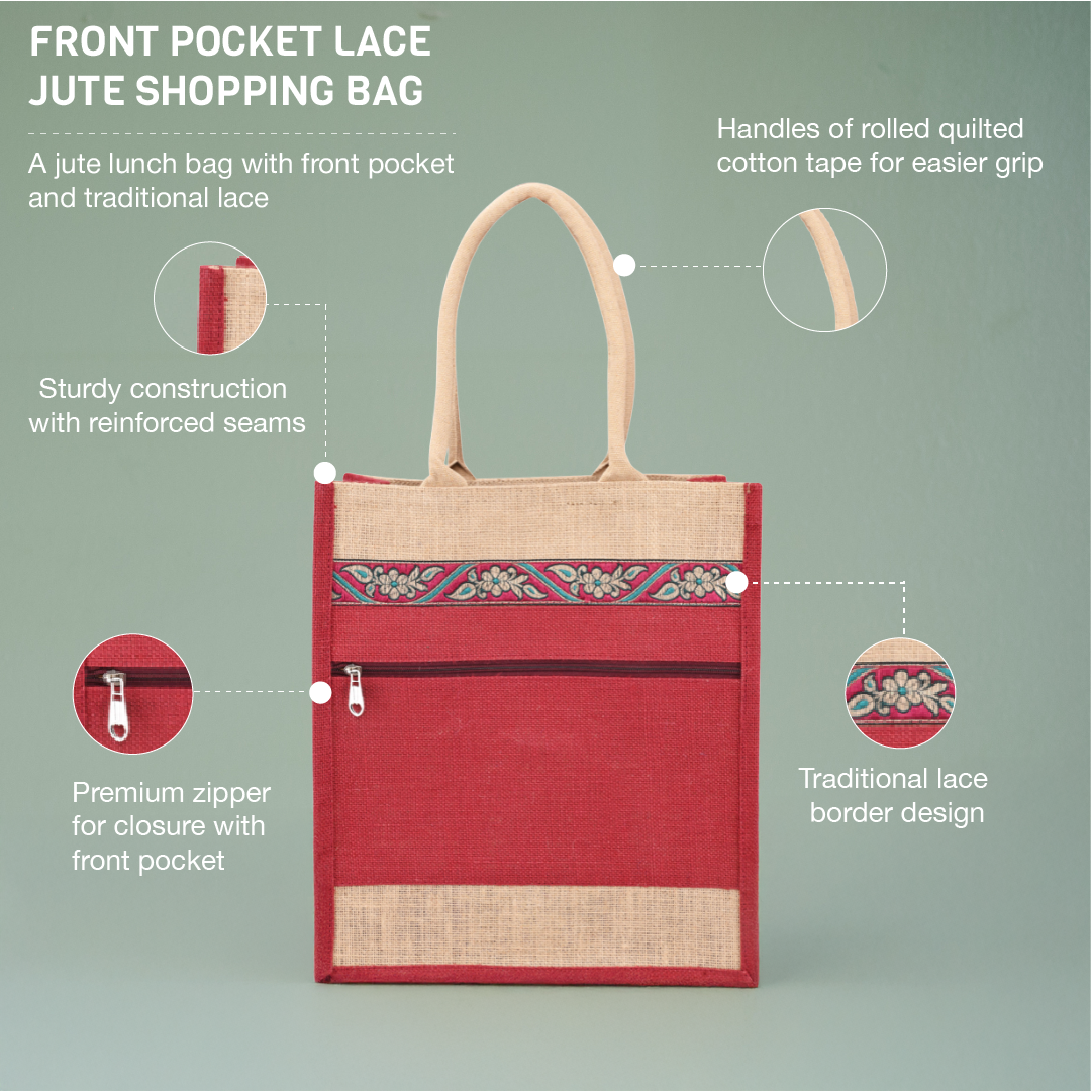 Front Pocket Lace Jute Lunch Bag