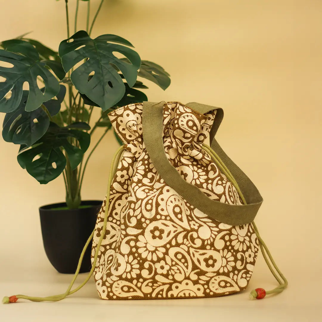 Paisley Print Jute Potli Style Bag