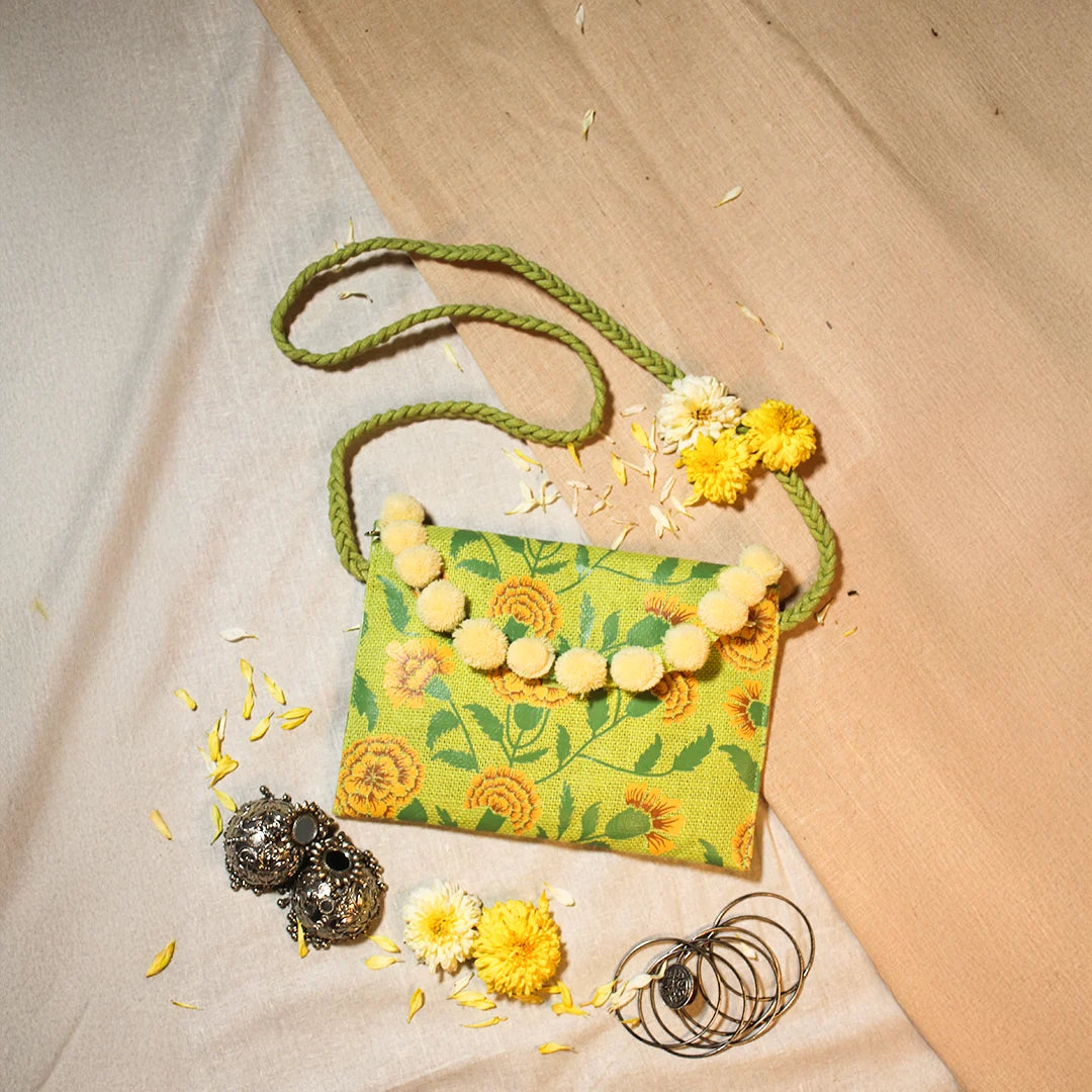 Marigold jute sling bag-green