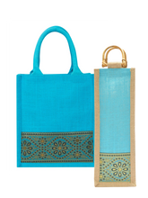 Load image into Gallery viewer, Combo of 11X10 LACE ZIPPER LUNCH (B-254-PEACOCK BLUE) and BOTTLE BAG WITH LACE / PRINT (B-010-TURQUOISE BLUE)
