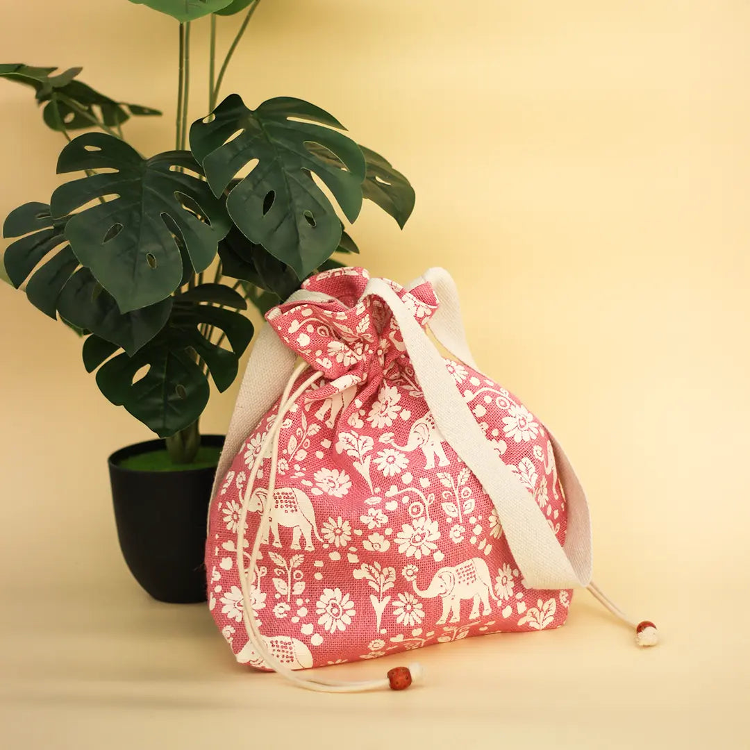 Elephant Print Jute Potli Style Bag