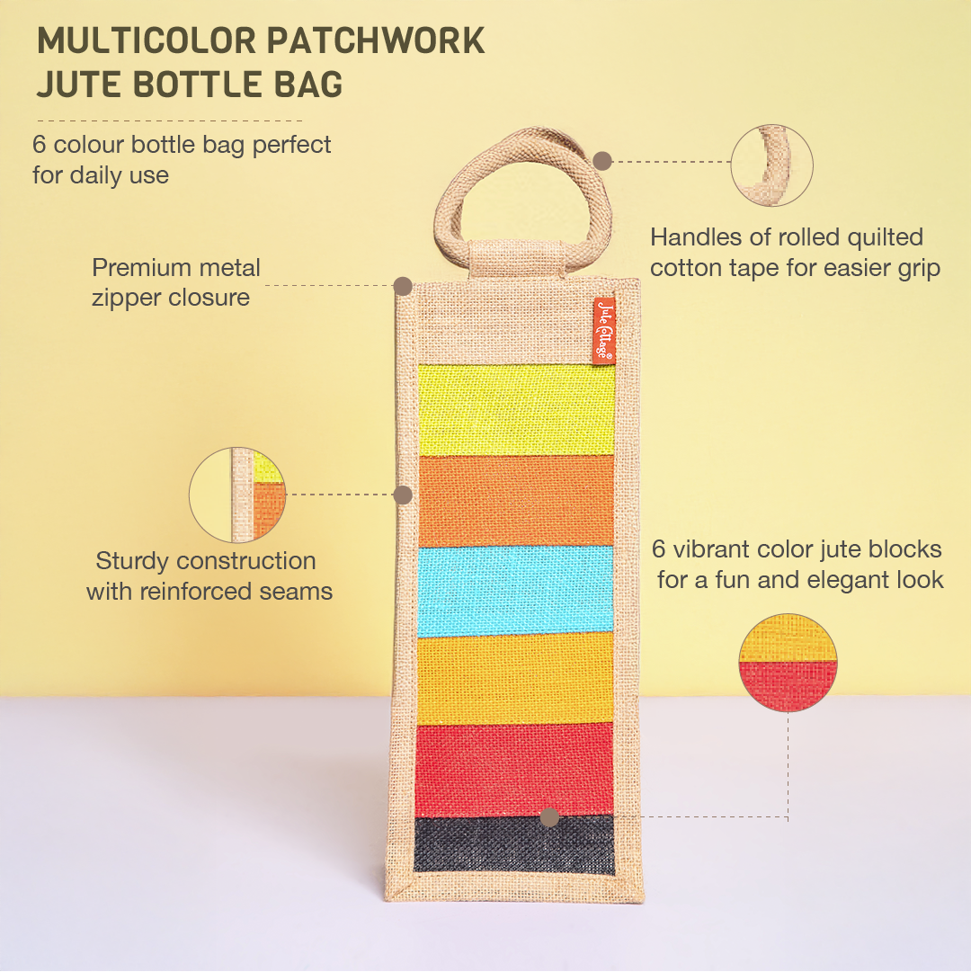 Combo of Jute Multicolor Patchwork Lunch Bag and Multicolor Patchwork Bottle Bag