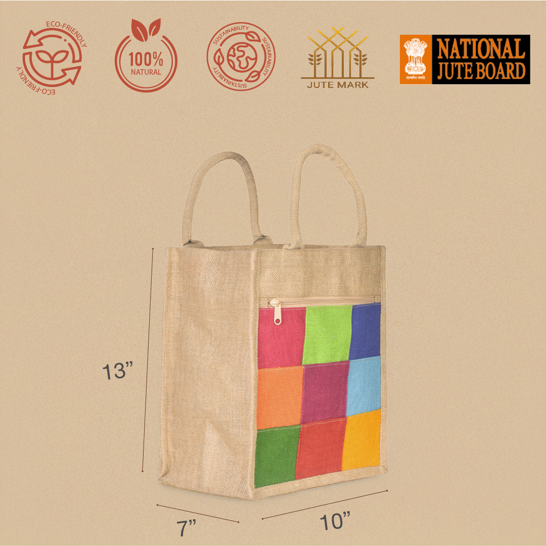 Combo of Jute Multicolor Patchwork Lunch Bag and Multicolor Patchwork Bottle Bag