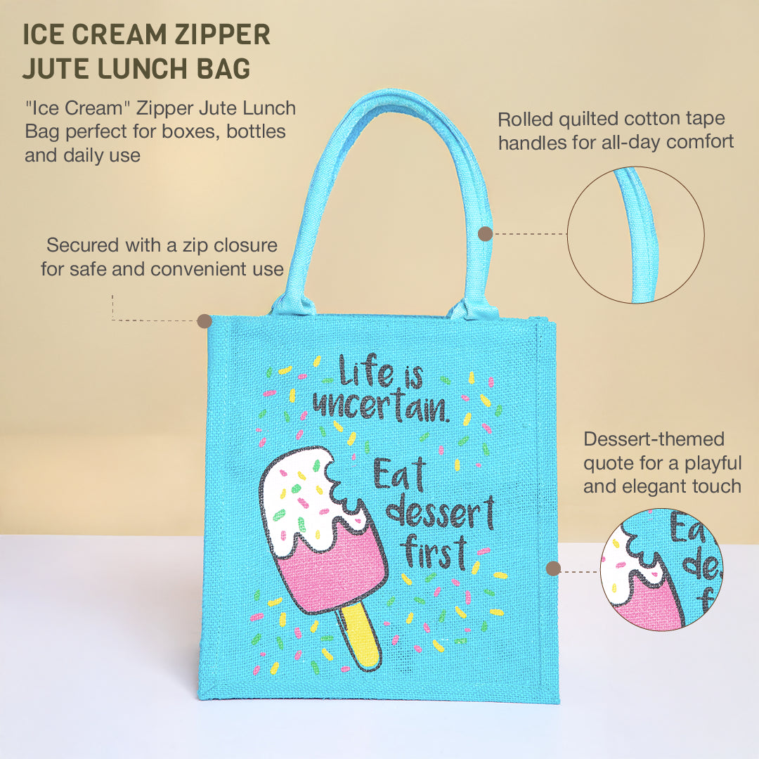 Ice Cream Zipper Jute Lunch Bag