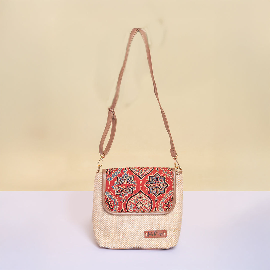 Herringbone Ajrakh Sling Bag-Maroon