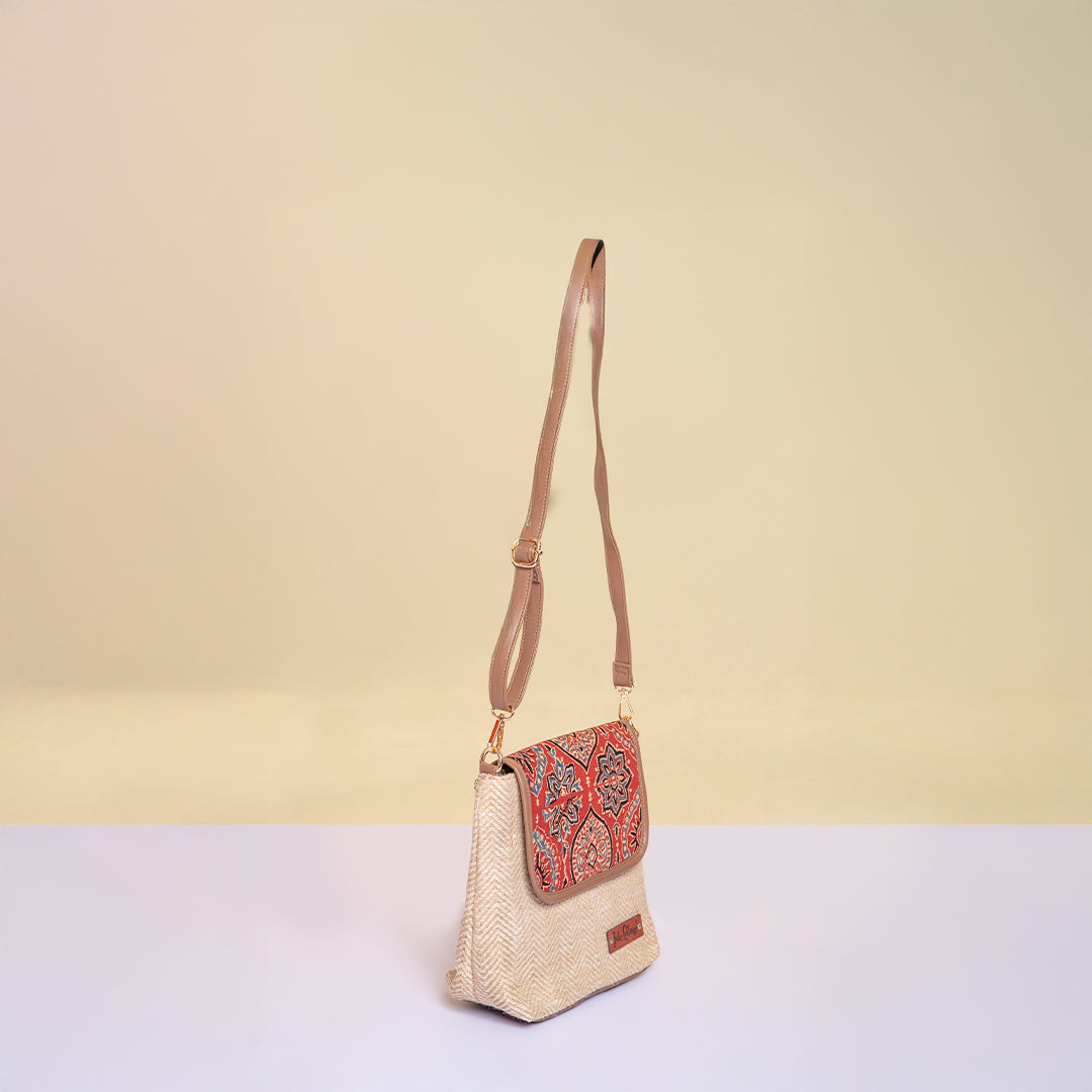 Herringbone Ajrakh Sling Bag-Maroon
