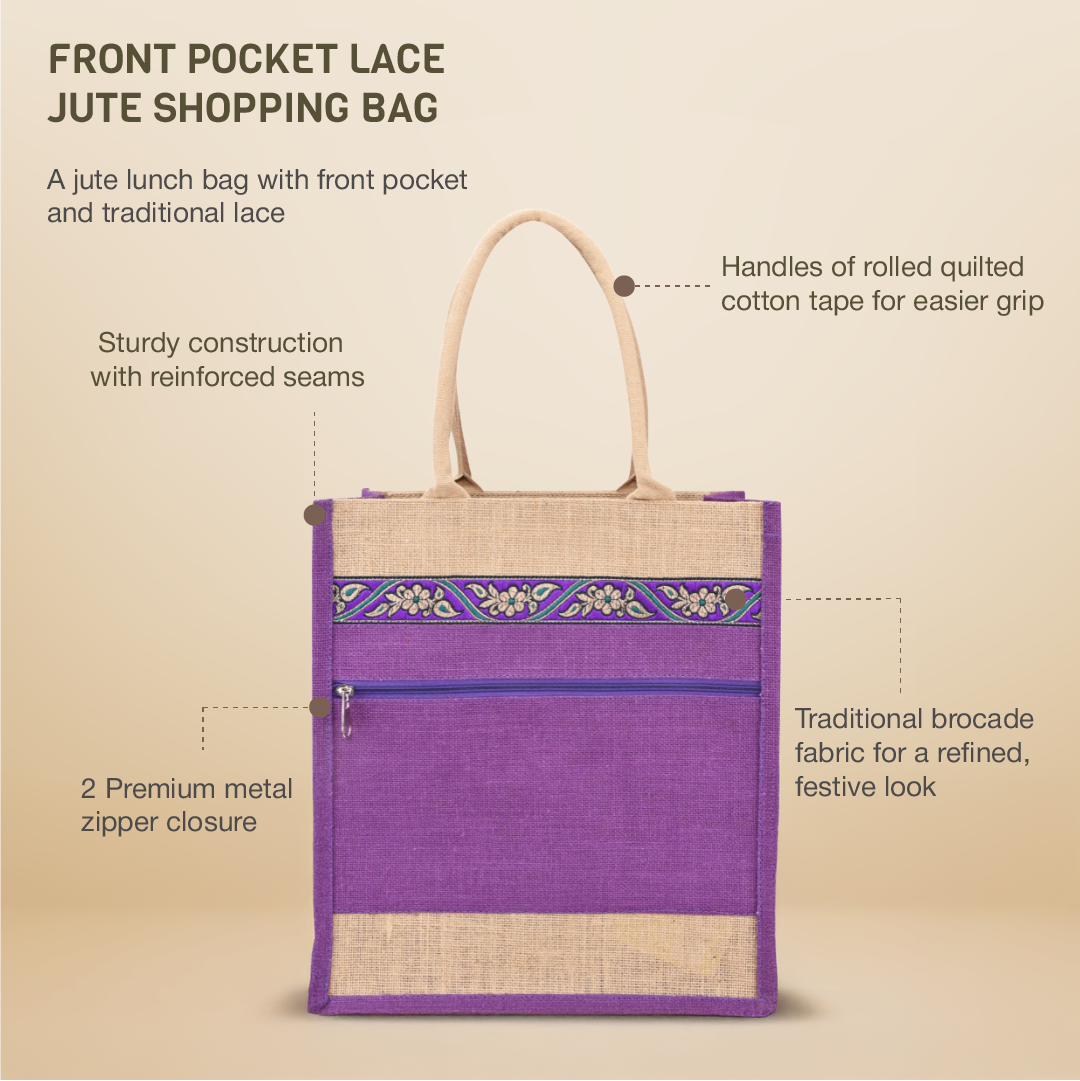 Front Pocket Lace Jute Lunch Bag