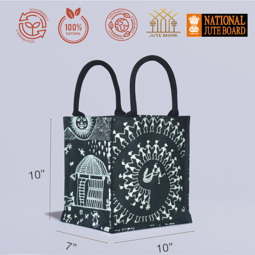 Warli Print Zipper Jute Lunch Bag