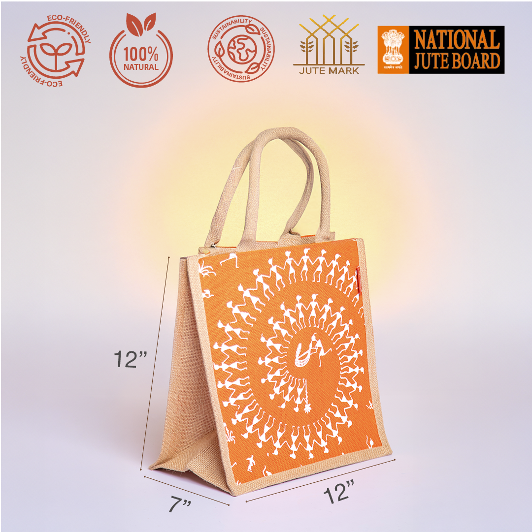 Combo of Jute Orange Warli Lunch Bag and Orange Warli Bottle Bag