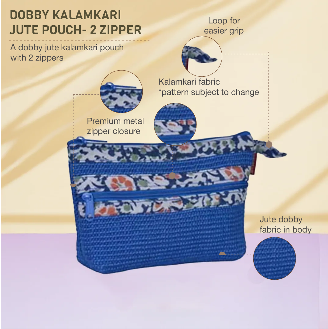 Combo of Jute Dobby Kalamkari 2 Zip Pouches (Blue and Natural)