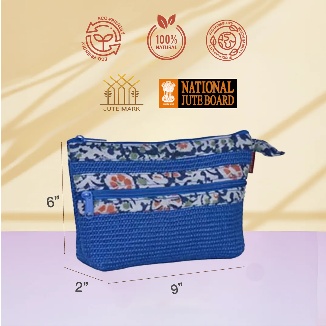 Combo of Jute Dobby Kalamkari 2 Zip Pouches (Blue and Natural)