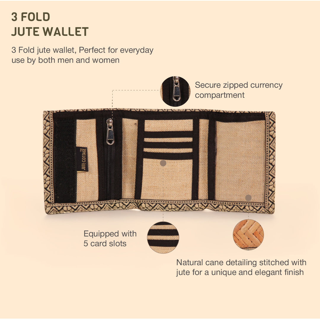 JUTE COTTAGE WALLET 3 FOLD,  SUSTAINABLE, ECO-FRIENDLY, 100% GENUINE, STYLISH JUTE WALLET (BLACK 4.5X3.5)