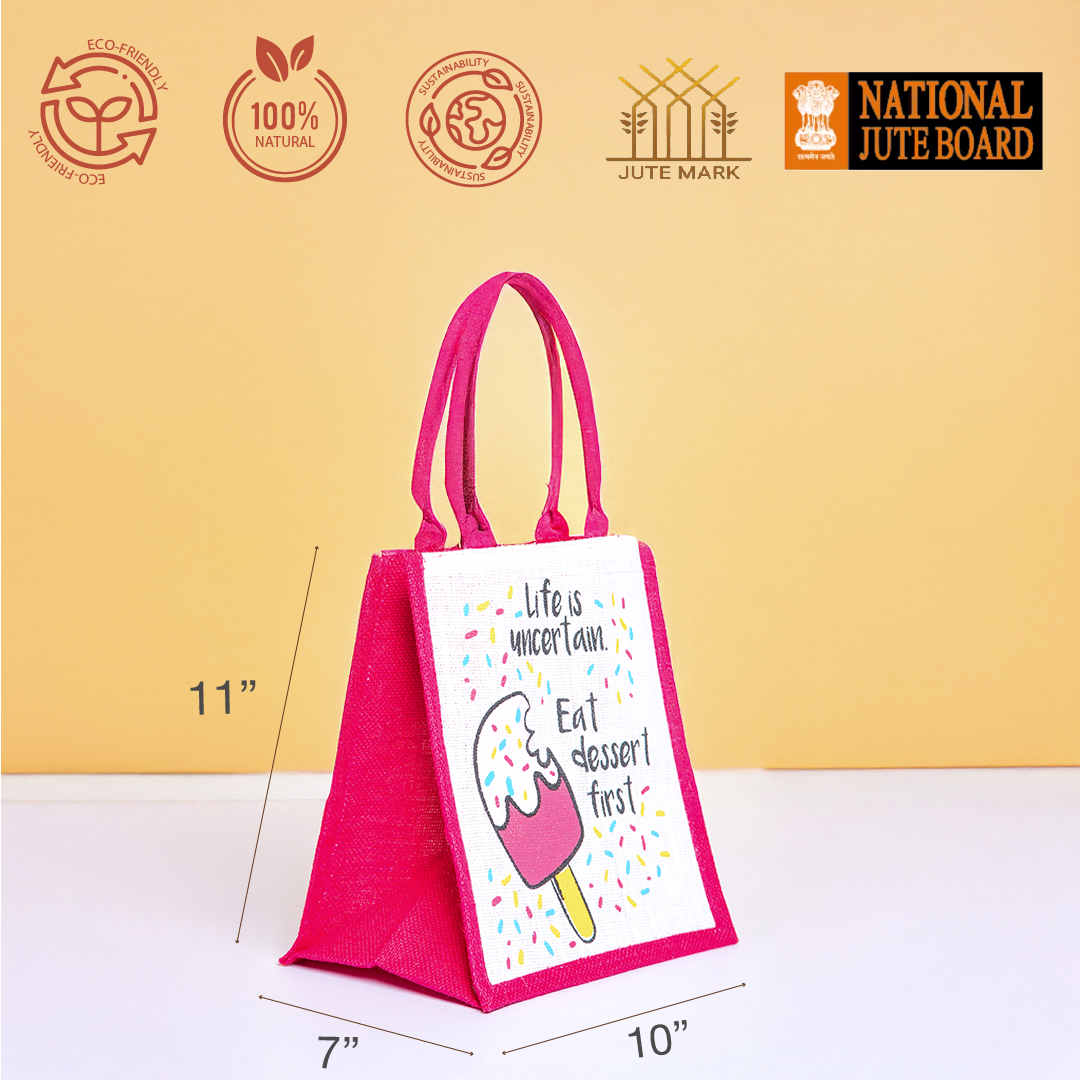 Ice Cream Zipper Jute Lunch Bag