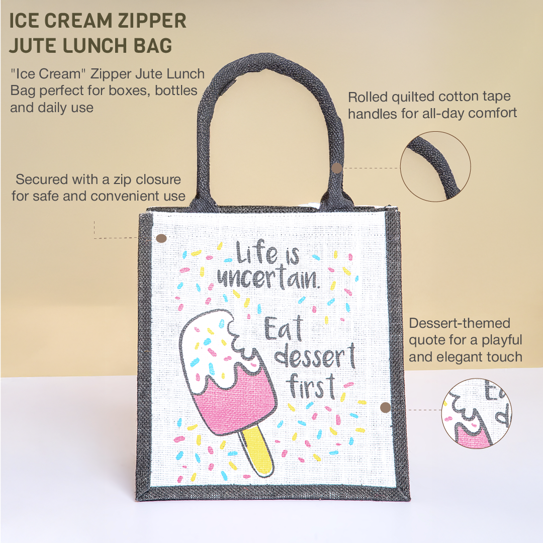 Ice Cream Zipper Jute Lunch Bag