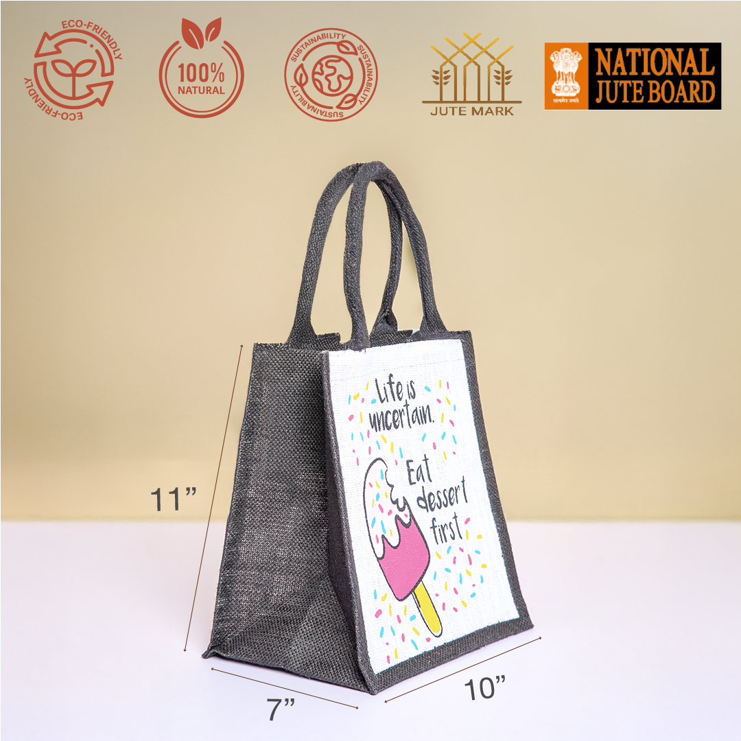 Ice Cream Zipper Jute Lunch Bag