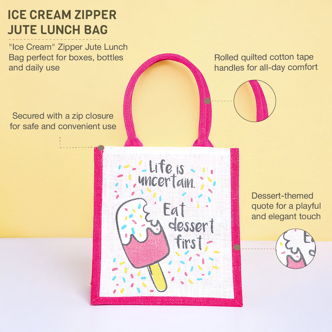 Ice Cream Zipper Jute Lunch Bag