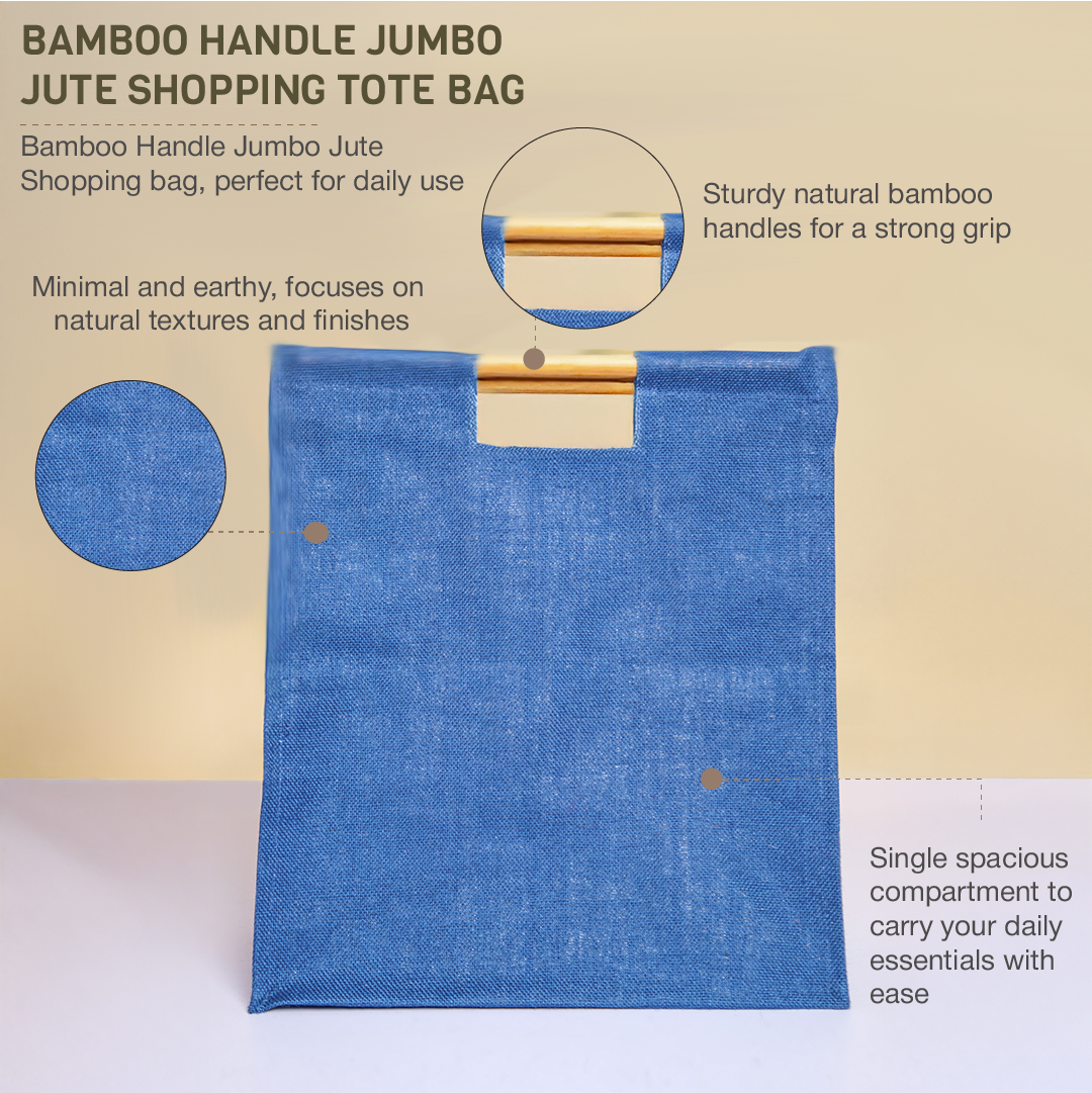 Combo of Jute Bamboo Handle Jumbo Shopping Bags (Blue and Green)