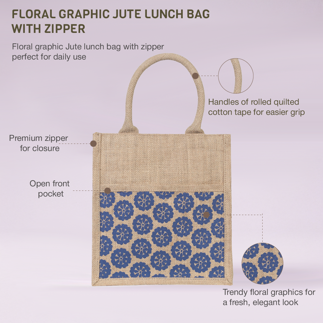 Floral Graphic Jute Lunch Bag with Zipper