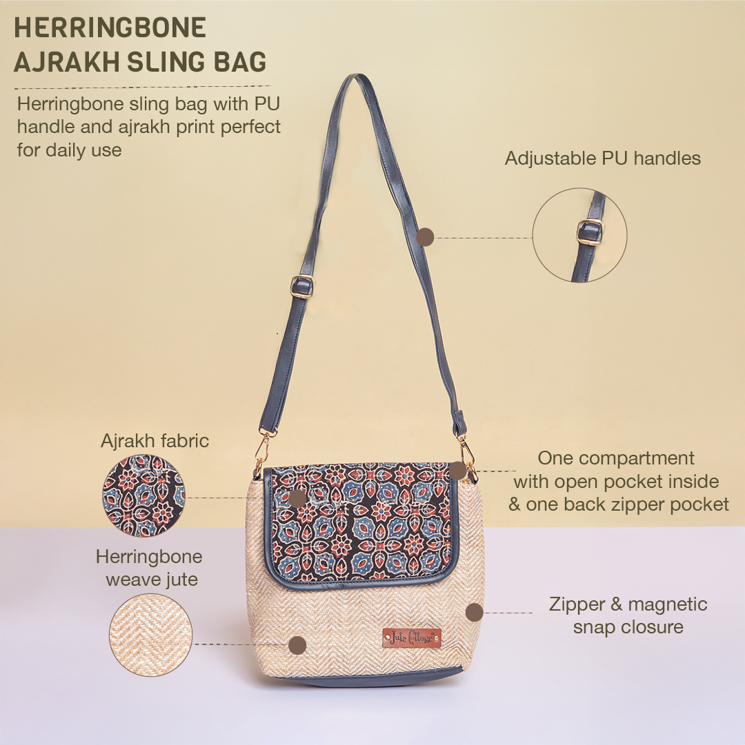 Herringbone Ajrakh Sling Bag-Blue
