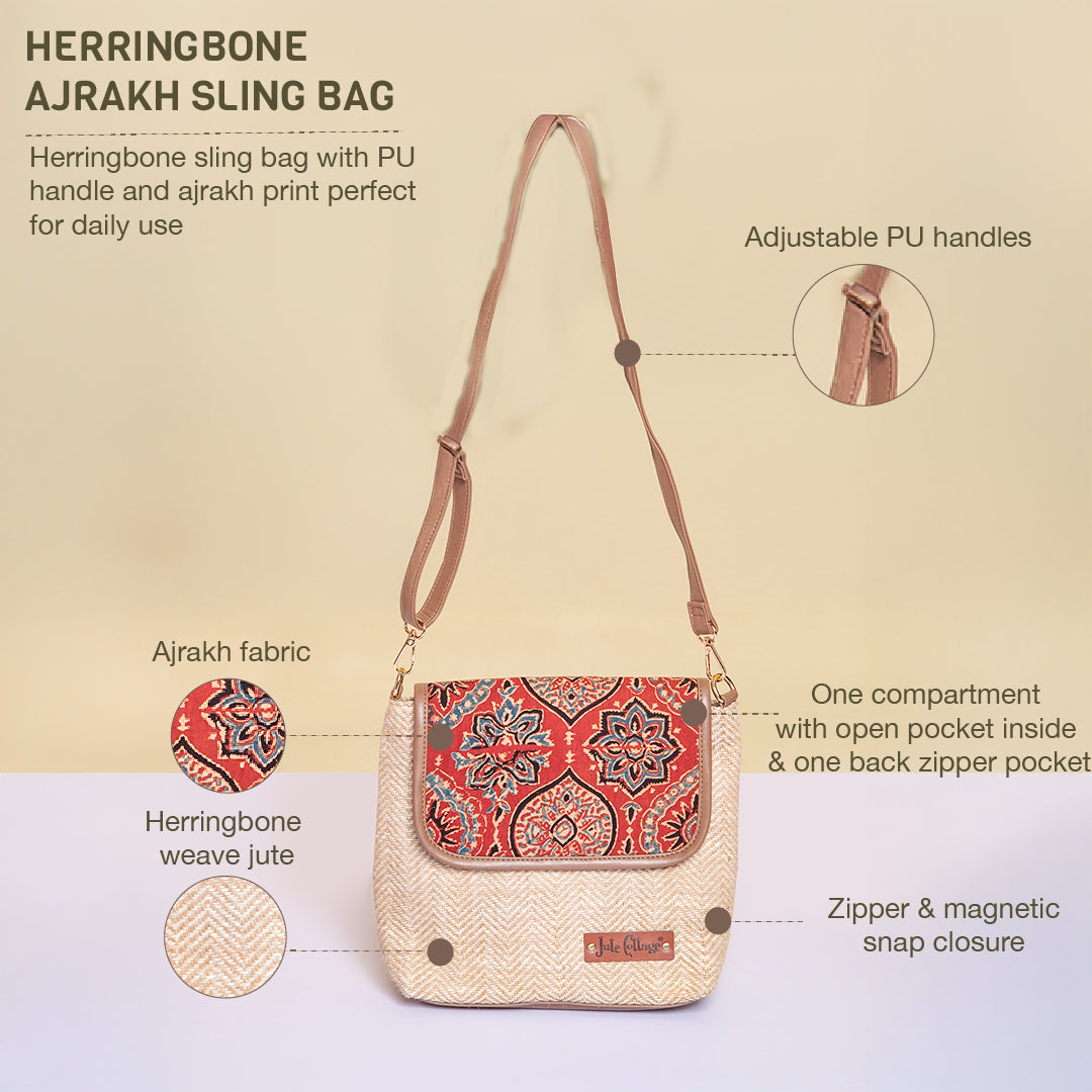 Herringbone Ajrakh Sling Bag-Maroon